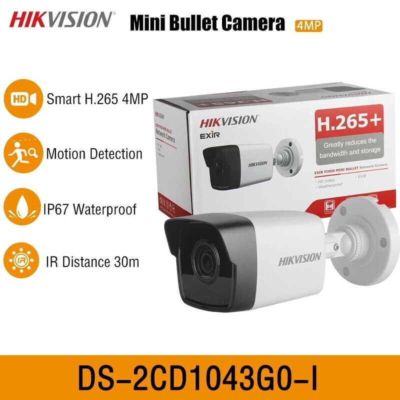 Hikvision DS-2CD1043G0-I 4MP H.265 WDR IR 30m Fixed Mini Bullet Network Surveillance Security PoE Camera IP67 Motion Detection, Focus: 2.8mm