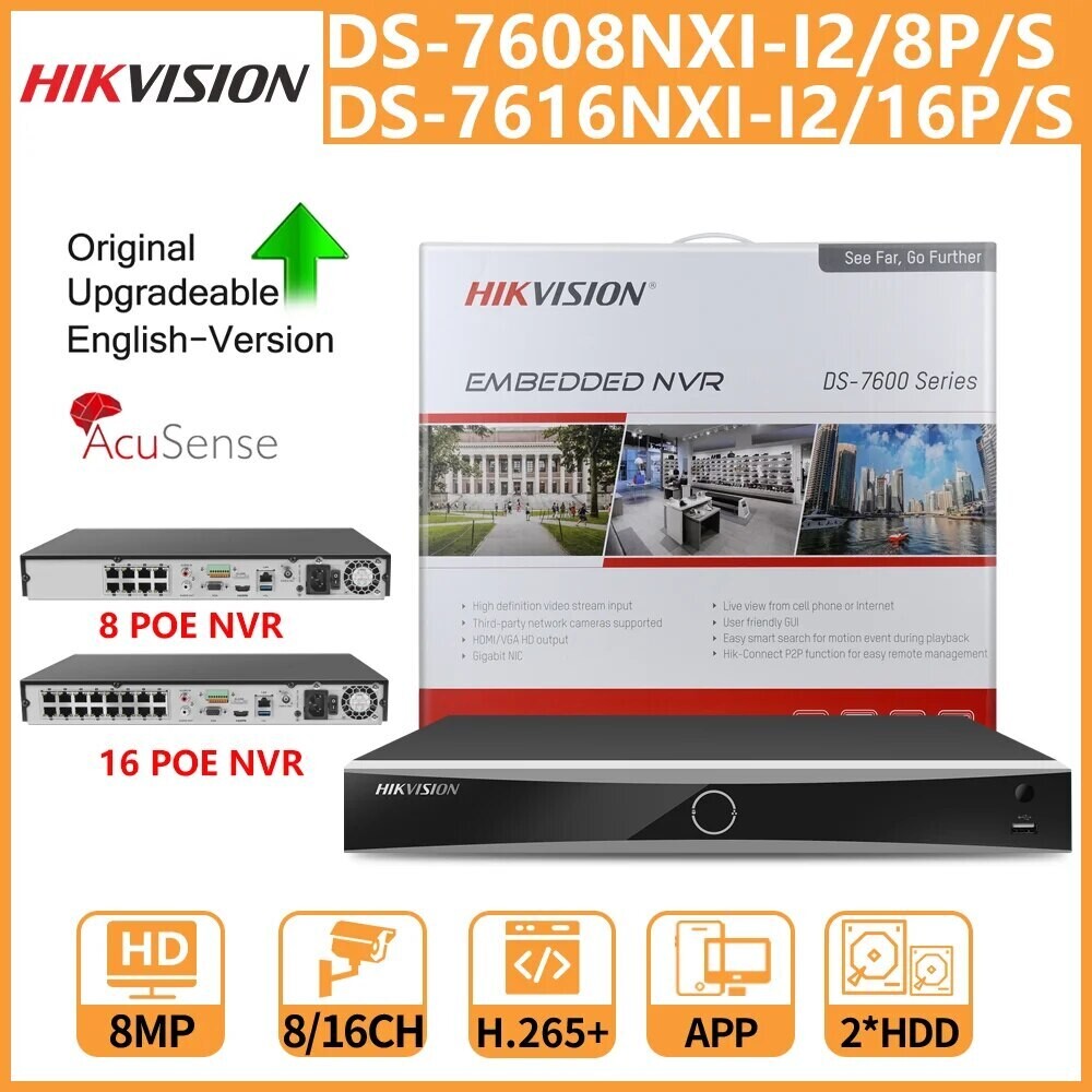 Hikvision 4K NVR DS-7608NXI-I2/8P/S DS-7616NXI-I2/16P/S 8CH 16CH POE Port AcuSense Facial Recognition Network Video Recorder, Build-in HDD: 8CH, Video Input: None, Ships From: CHINA