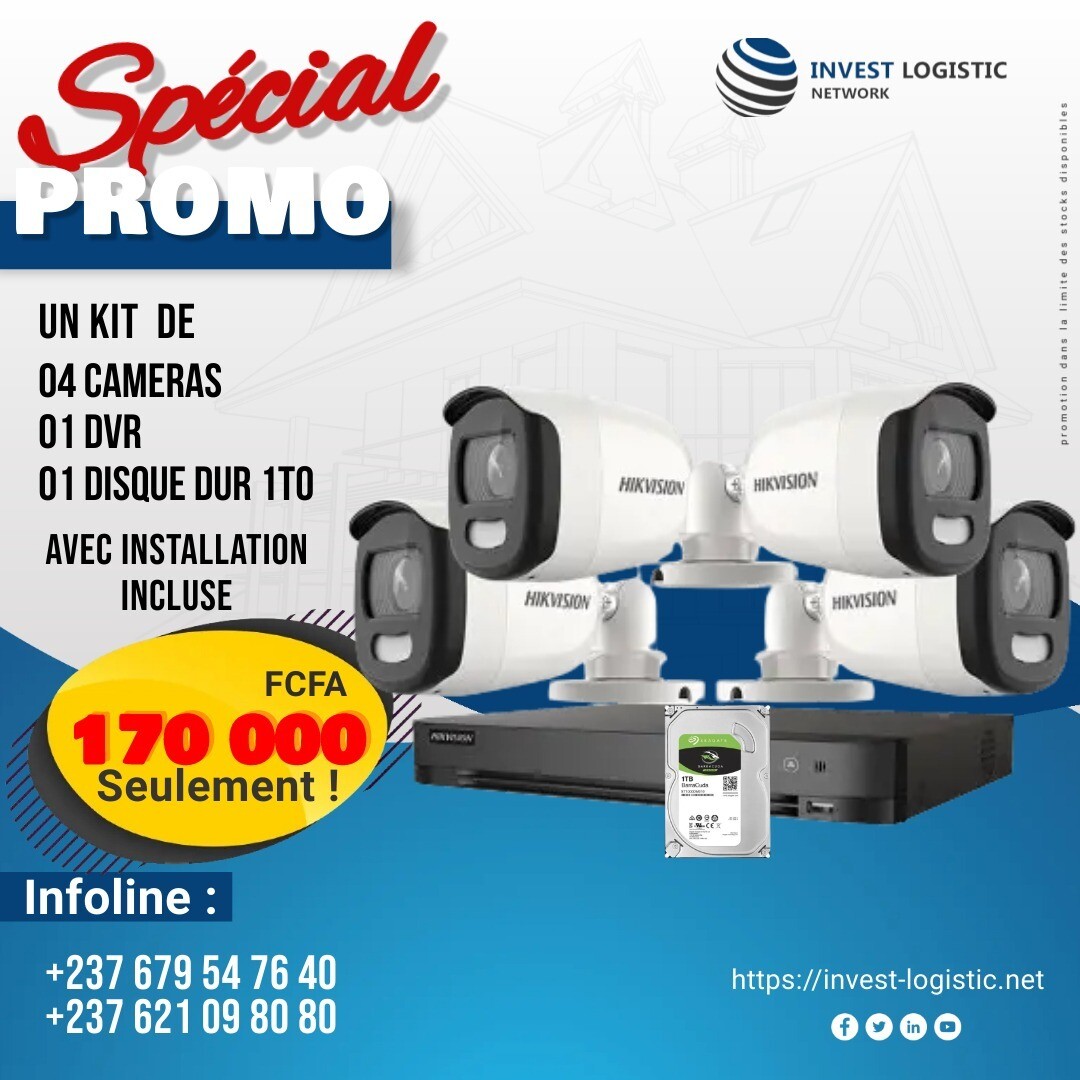 Promo sur installation Kit de 4 cameras videosurveillance analogique a Douala et Yaounde