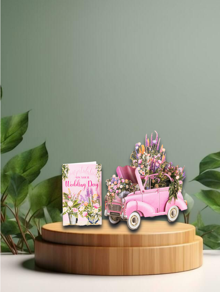 3D Greetings Card   The Pink Wedding Car