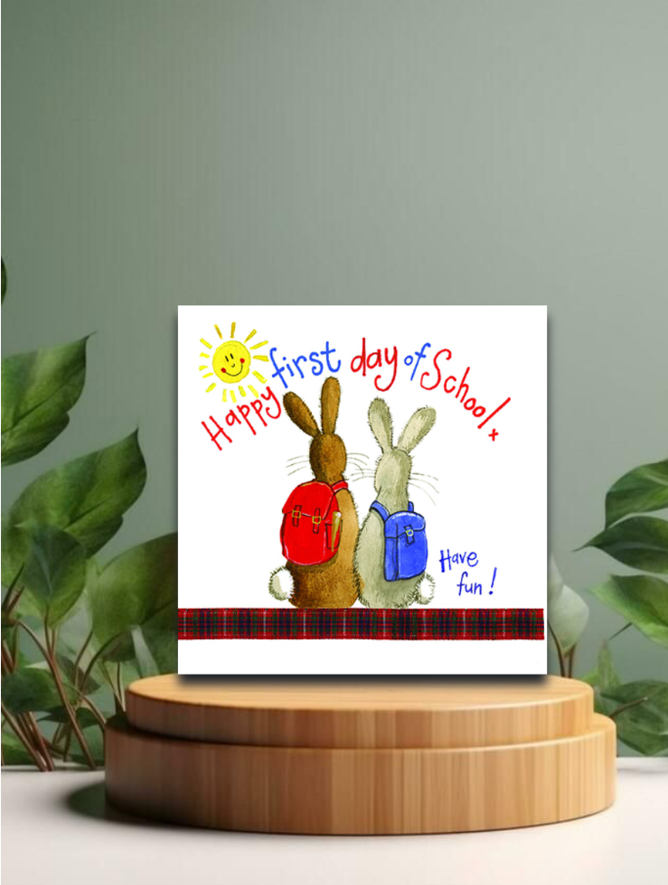 Grusskarten by Alex Clark - Einschulung - 12x12cm, Motiv: First Day - Happy first day of school, have fun!