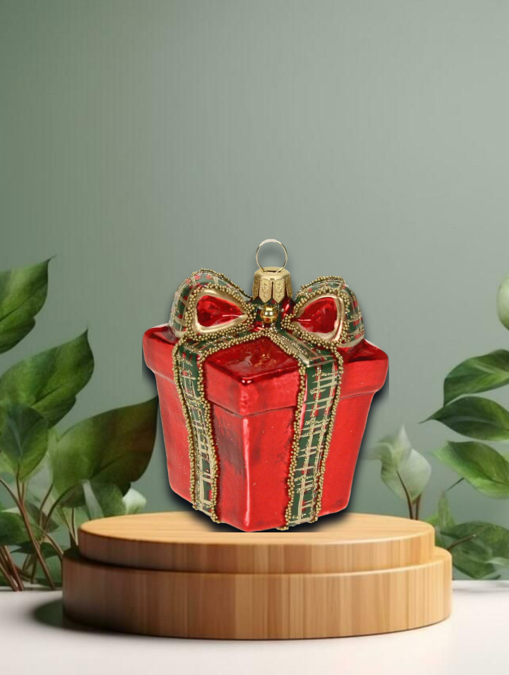 Weihnachtskugel Geschenk rot/grün 4x4x6cm
