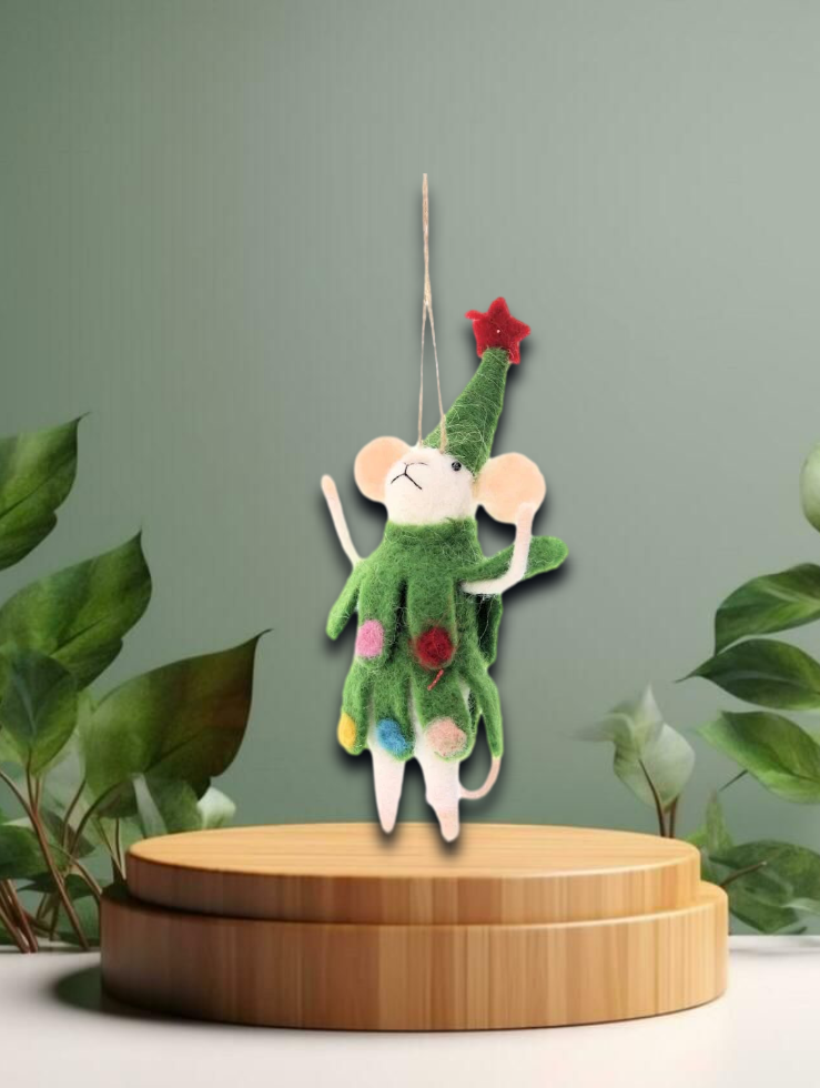 Maus im Weihnachtsbaum-Anzug hängend Filz 7x6x17cm