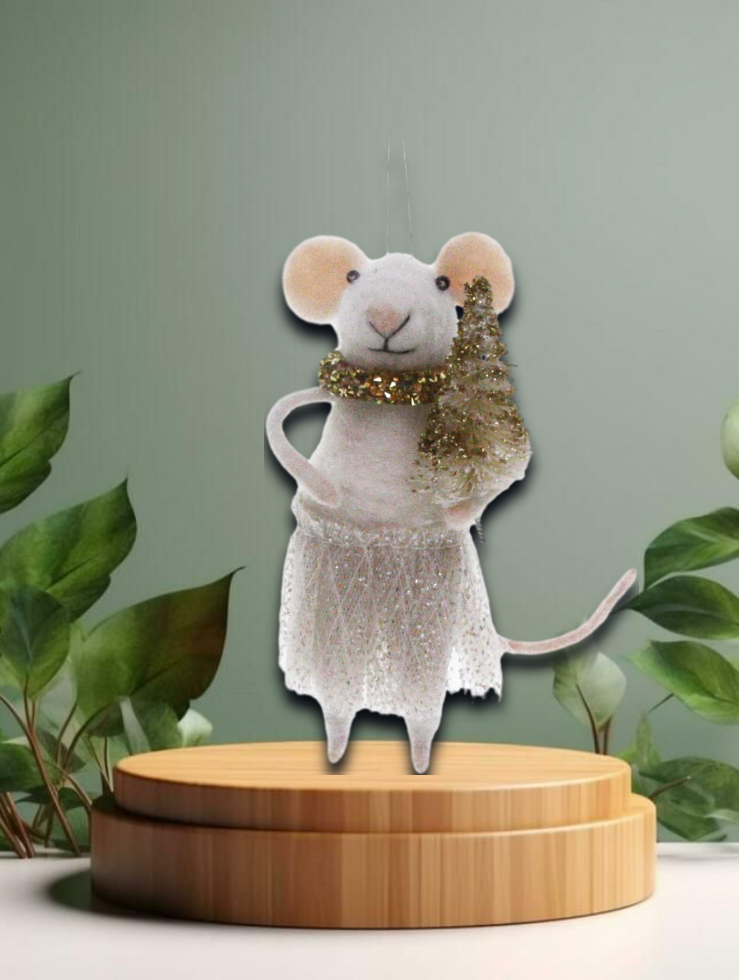 Filz-Maus mit Kleid und goldenem Weihnachtsbaum 6x5x13cm