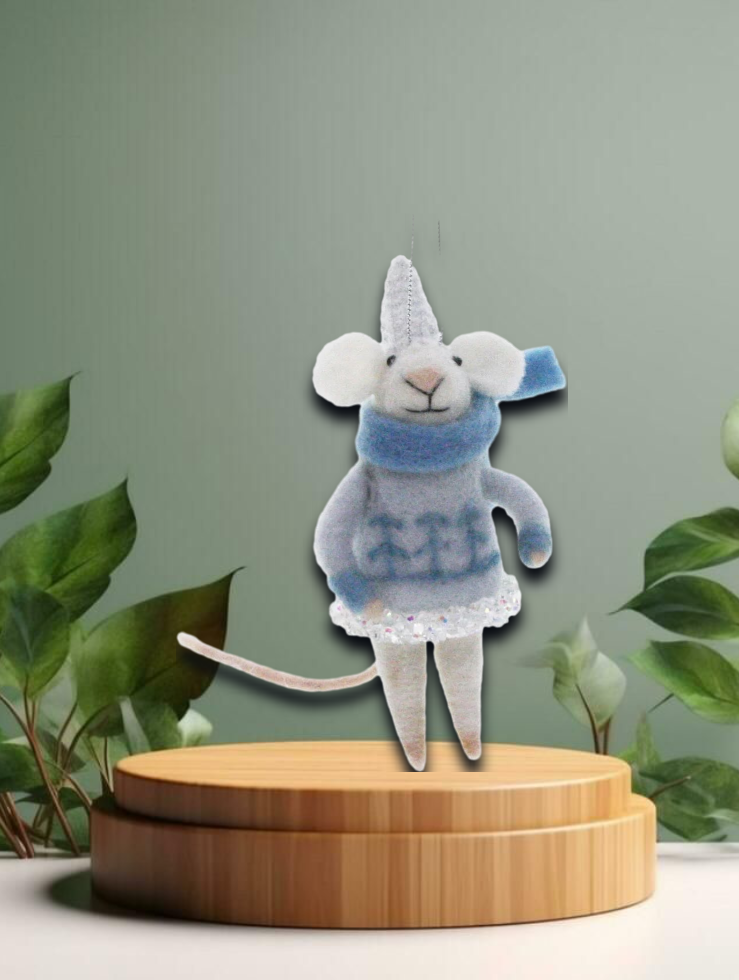 Filz-Maus mit blauem Weihnachtspullover 5x6x12cm