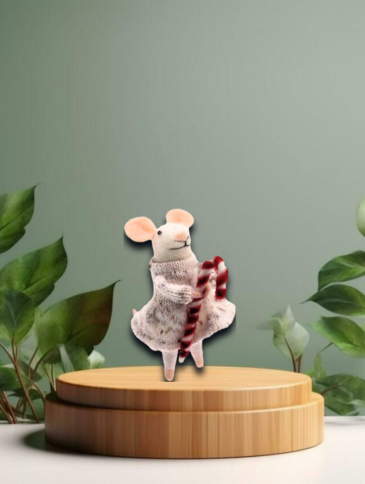 Maus mit Kleid/Zuckerstange Filz 7,5x12x12cm