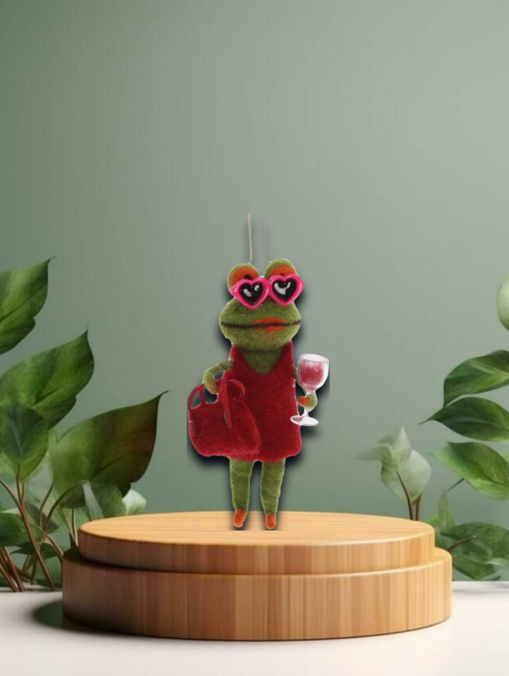 Frosch mit rosafarbener Brille und Weinglas Filz 7x5x14cm
