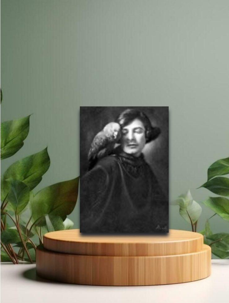 Vintage Postkarten Selbstportrait mit Papagei schwarz/weiss 12x17cm