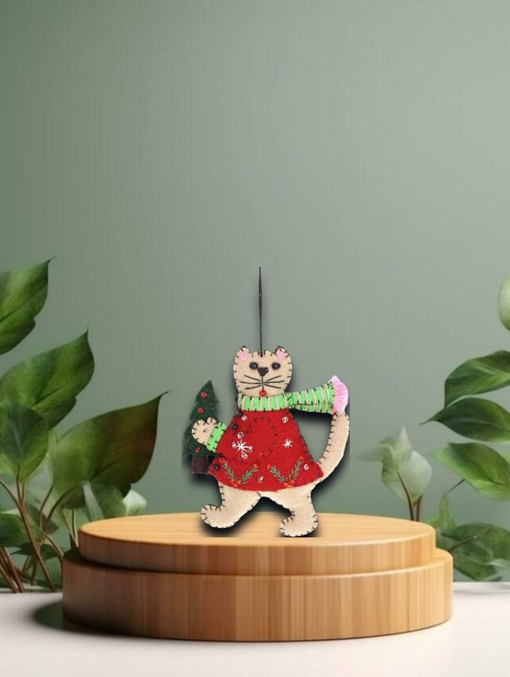 Katze, die Weihnachtsbaum hält, Filz 10x2,5x10,5cm