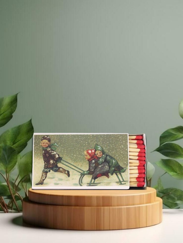 Streichholzer Kinder mit Schlitten und Weihnachtsbaum 11x6,5