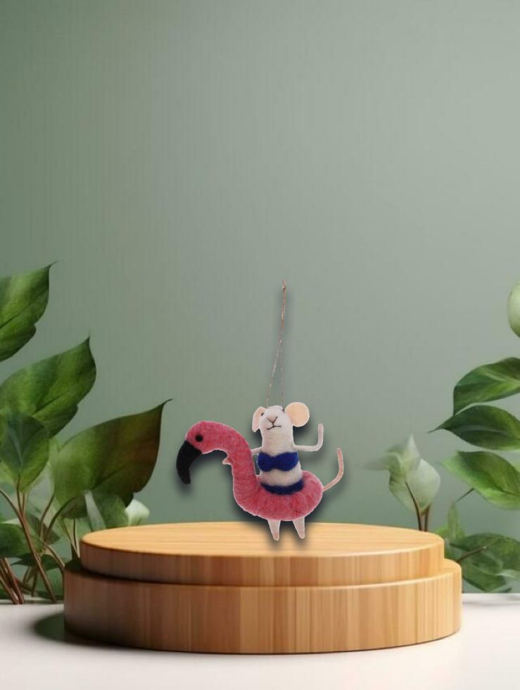 Maus mit Flamingo Pool Schwimmer Filz 13x3x7cm