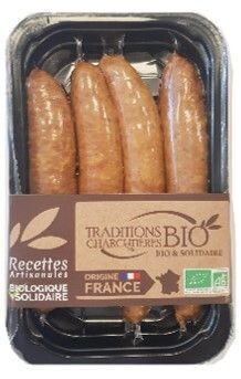 Saucisses fumées à cuire Bio, 23.65€/kg. Vendu par 400gr soit:
