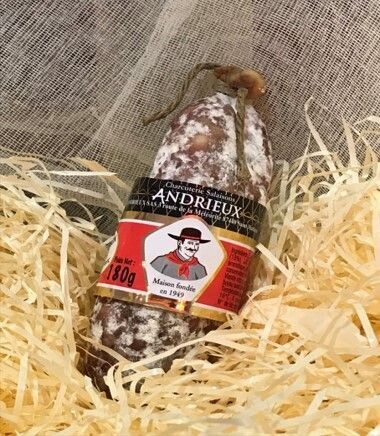 saucisson sec pur porc court, 200gr, 24.85€/kg.