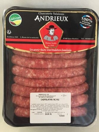 Chipolatas s/colorant, 11.25€/kg.