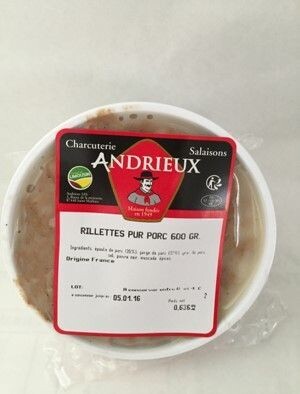 Rillette terrine, 600gr,  12.15€/kg.