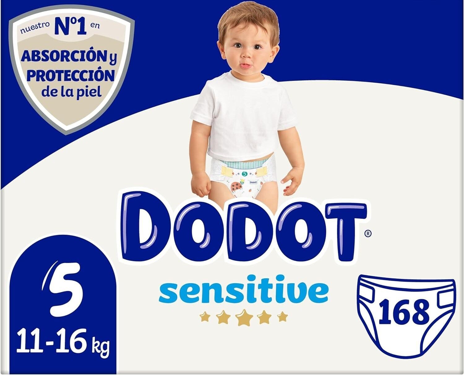 Dodot Pañales Bebé Sensitive Talla 5 (11-16 kg), 168 Pañales Óptima  Protección de la Piel de Dodot, paquete Mensual