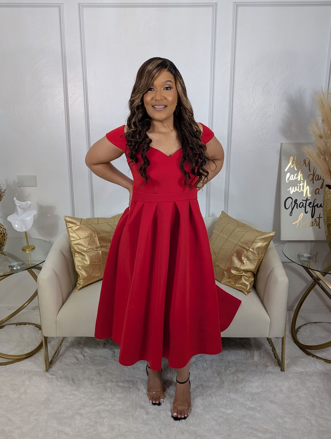 Off the Shoulder Midi Red Dress