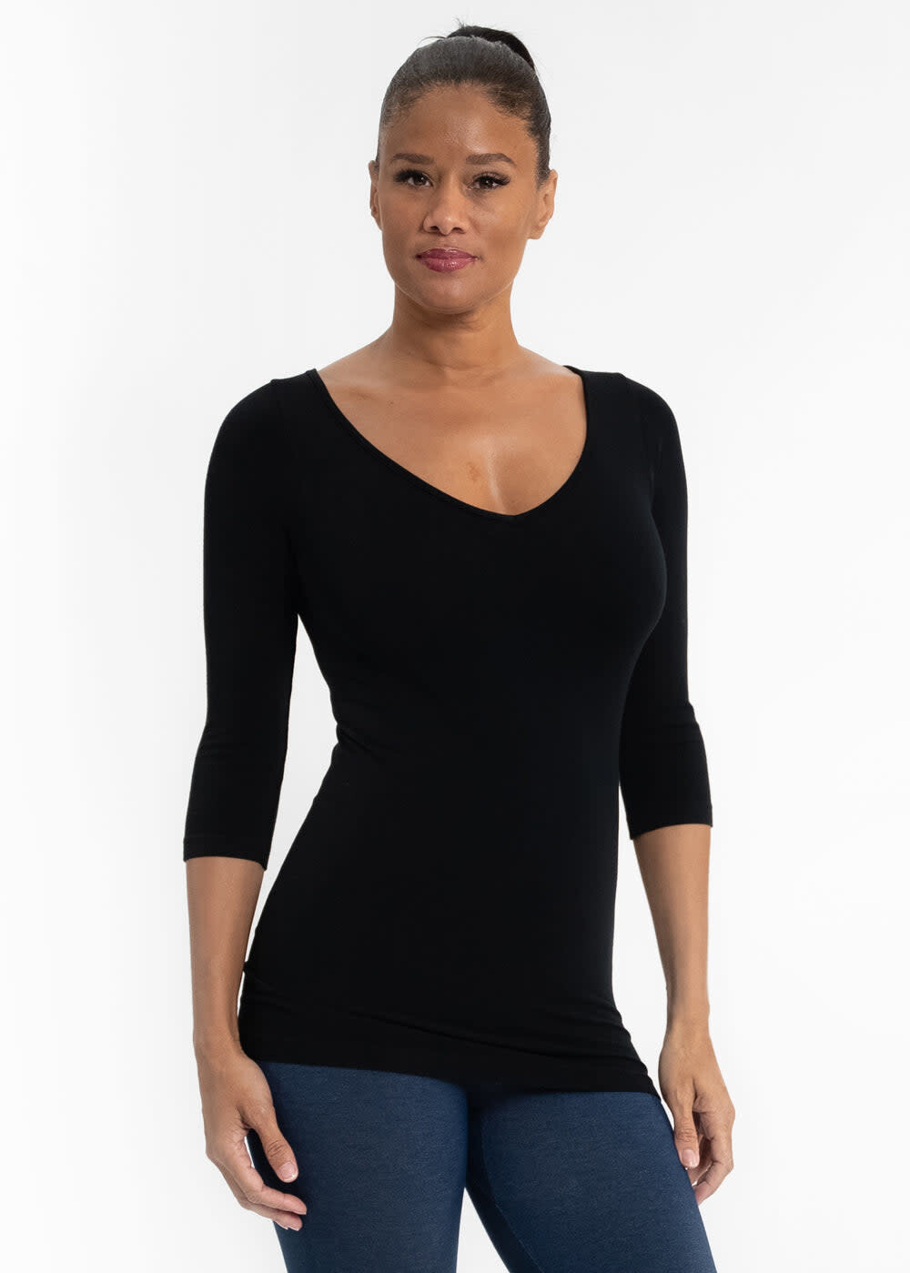 3/4 Sleeve Top with V-Neck, Color: Black