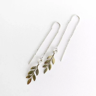 Silver Dainty Olive Branch Chain Earrings | Silver
