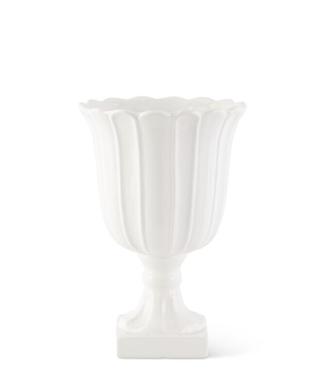 WHITE RIBBED CERAMIC VASES ON SQUARE BASES