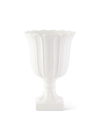 WHITE RIBBED CERAMIC VASES ON SQUARE BASES