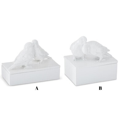 GLOSSY WHITE RESIN LOVE BIRDS LIDDED BOXES
