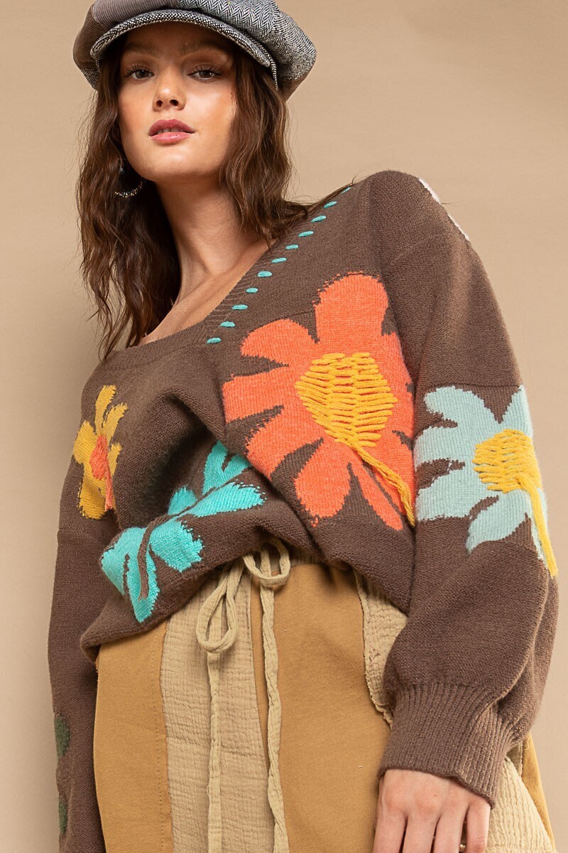 Floral Pattern Chocolate Sweater