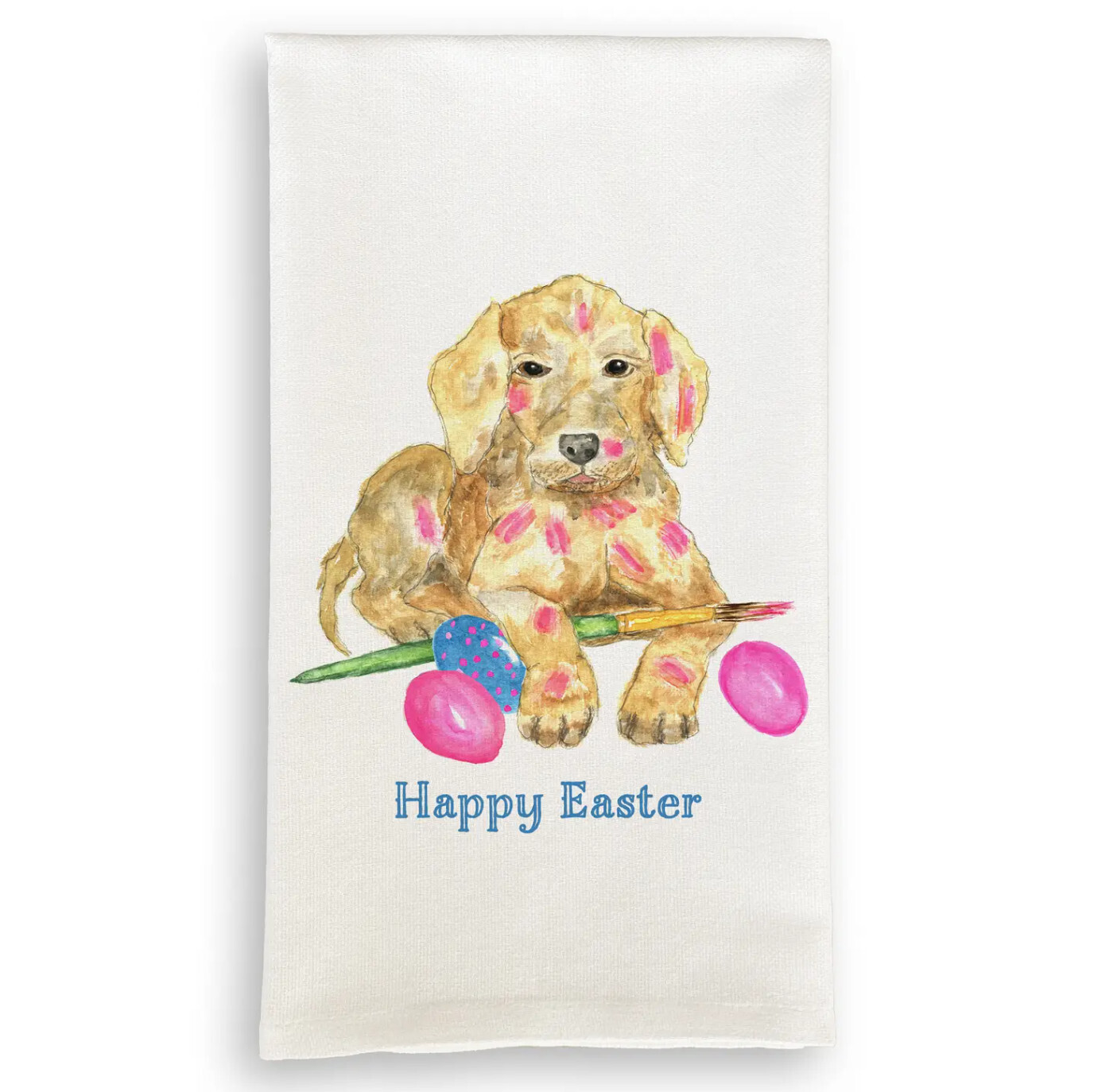 Dog Painting Eggs with Quote Dish Towel
