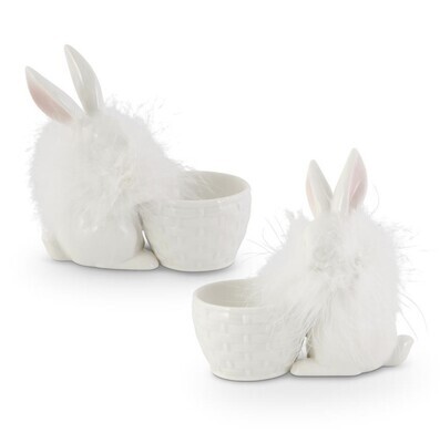 WHITE PORCELAIN EGG HOLDERS W/FEATHERED BUNNIES