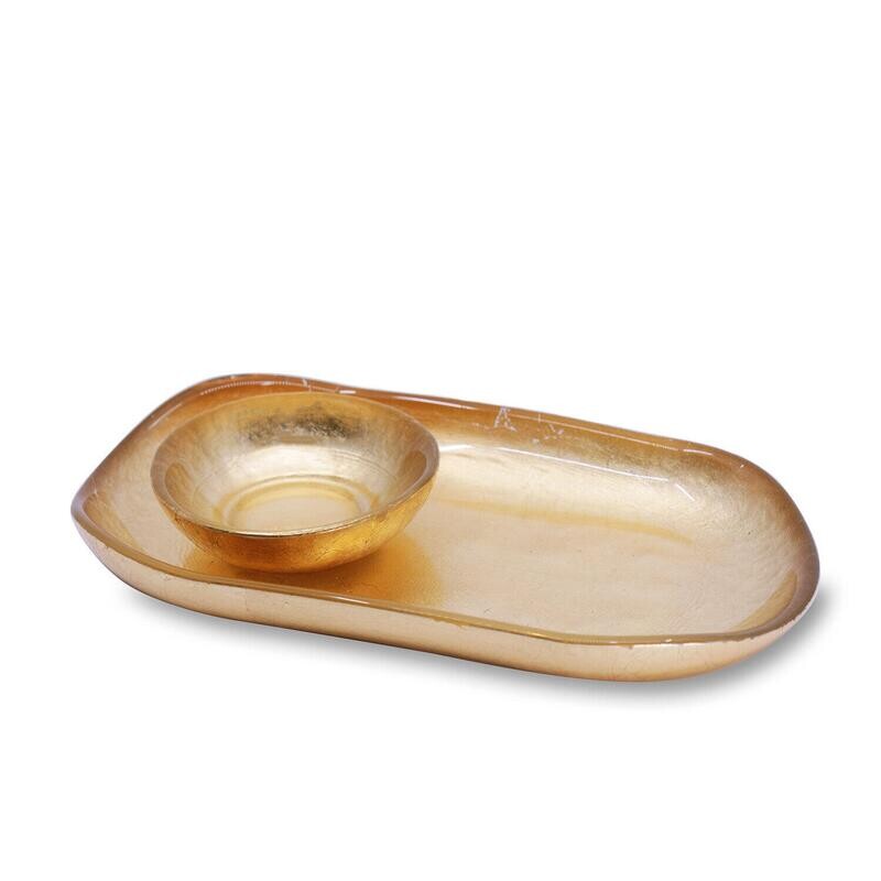 NEW ORLEANS Glass Gold Foil Small Oval Platter with Mini Bowl