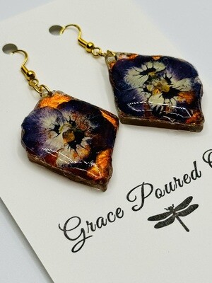 #5 Purple Vincas on Orange Diamond Gold Earrings (M)
