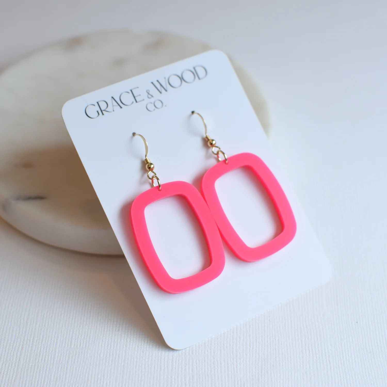 HOT PINK ACRYLIC HOLLOW RECTANGLE EARRINGS