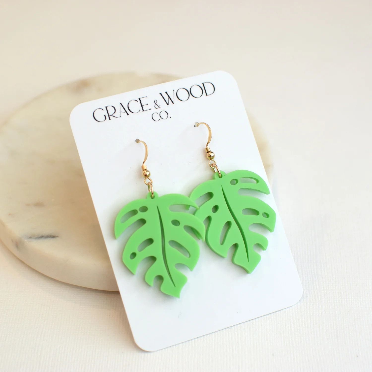 LIME SHERBET ACRYLIC MONSTERRA LEAF EARRINGS
