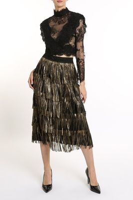 Tiered Metallic Fringe Midi Skirt