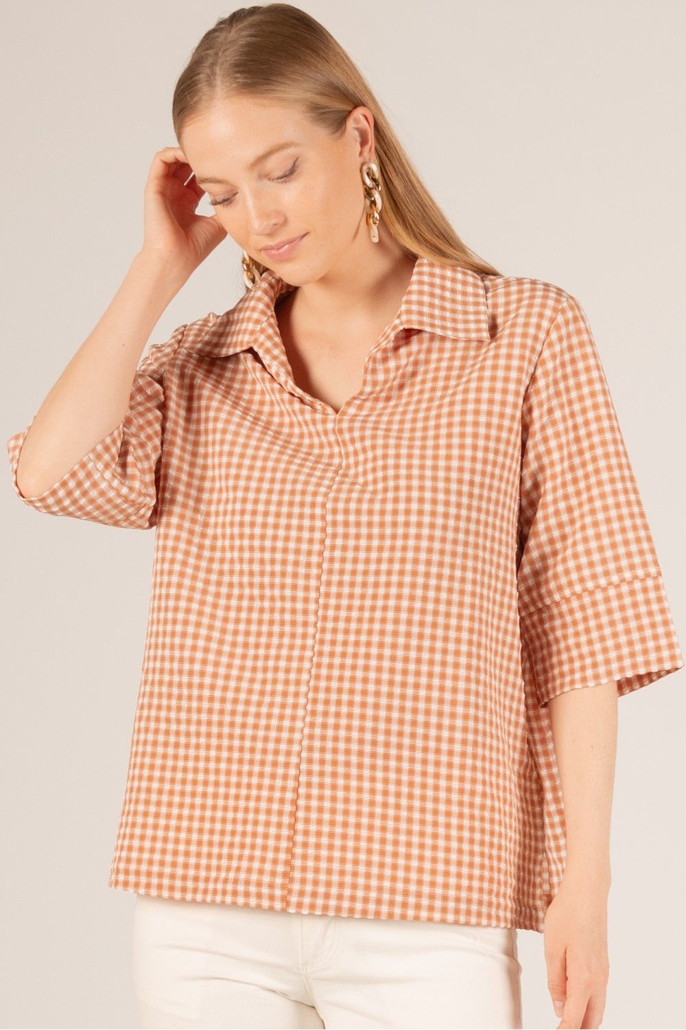 Gingham Seersucker Half Sleeve Top