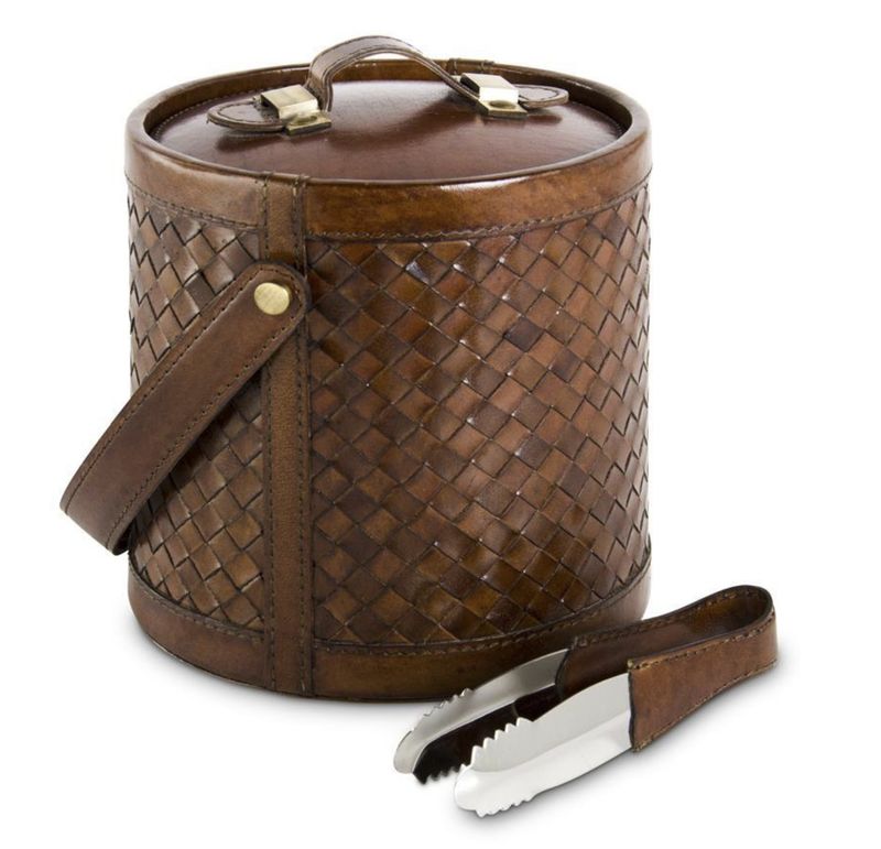 9&quot; Tan Leather Basket Weave Ice Bucket w/Tongs