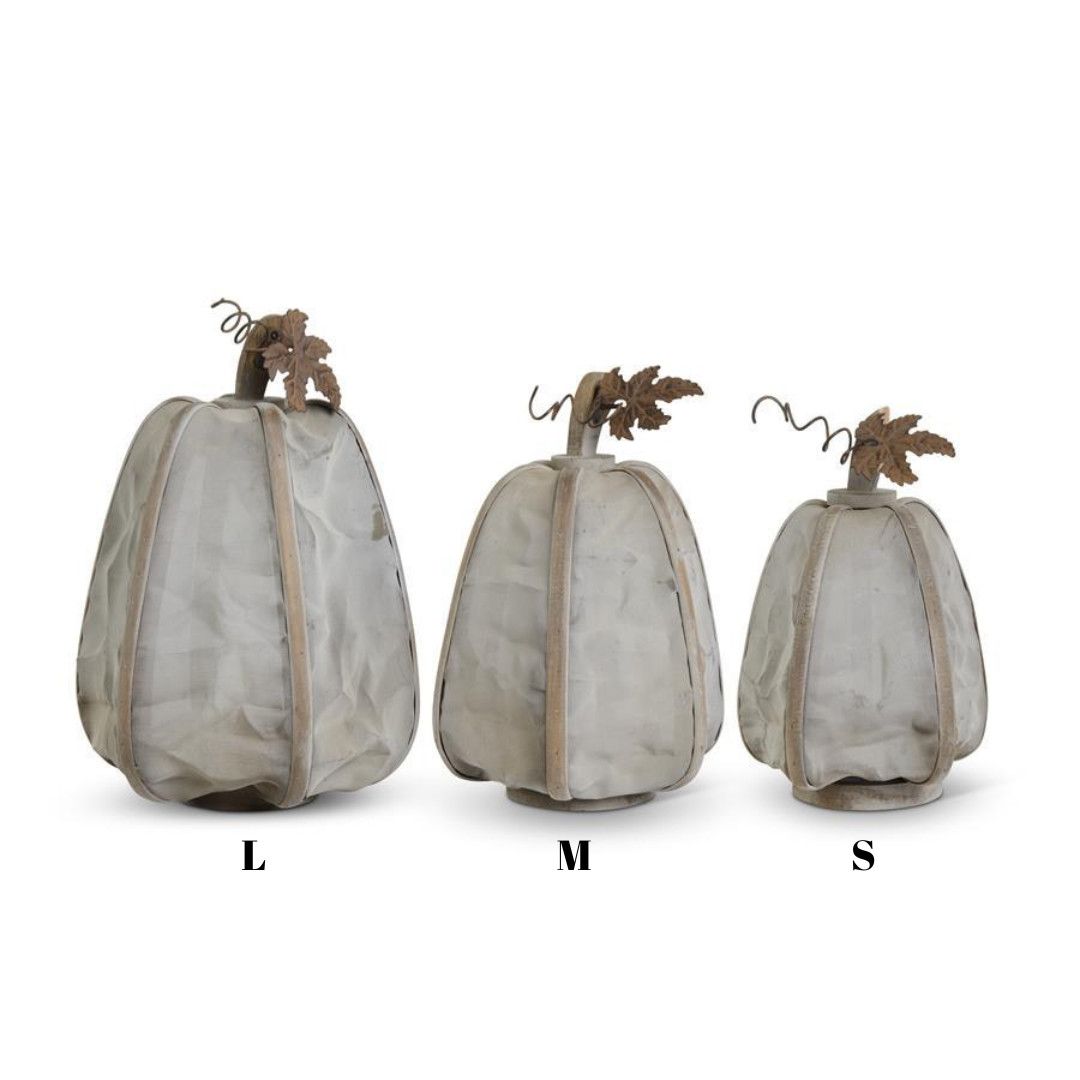 Gray Mesh Pumpkins w/Metal Leaves &amp; Wood Stem