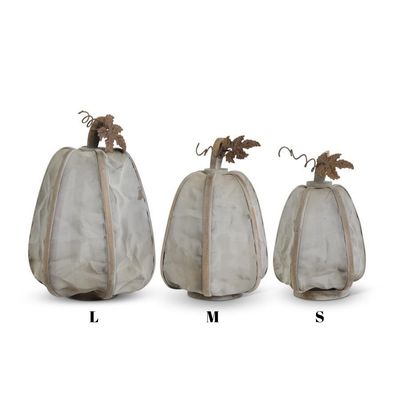 Gray Mesh Pumpkins w/Metal Leaves &amp; Wood Stem