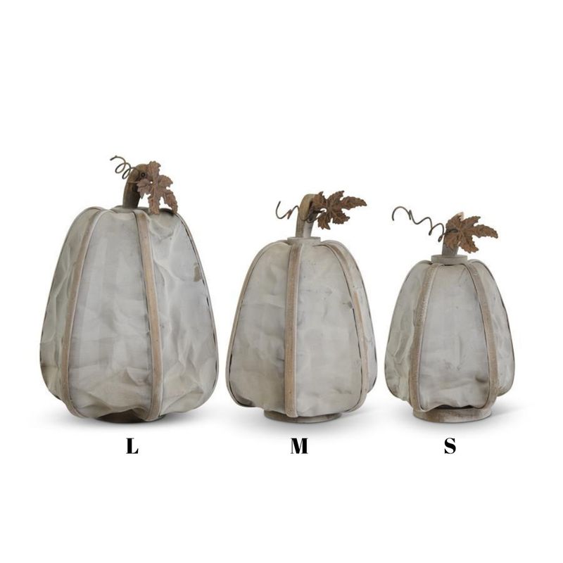 Gray Mesh Pumpkins w/Metal Leaves &amp; Wood Stem