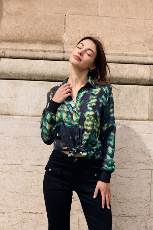 Acid Wash Button Down Tunic w/Knit Cuffs