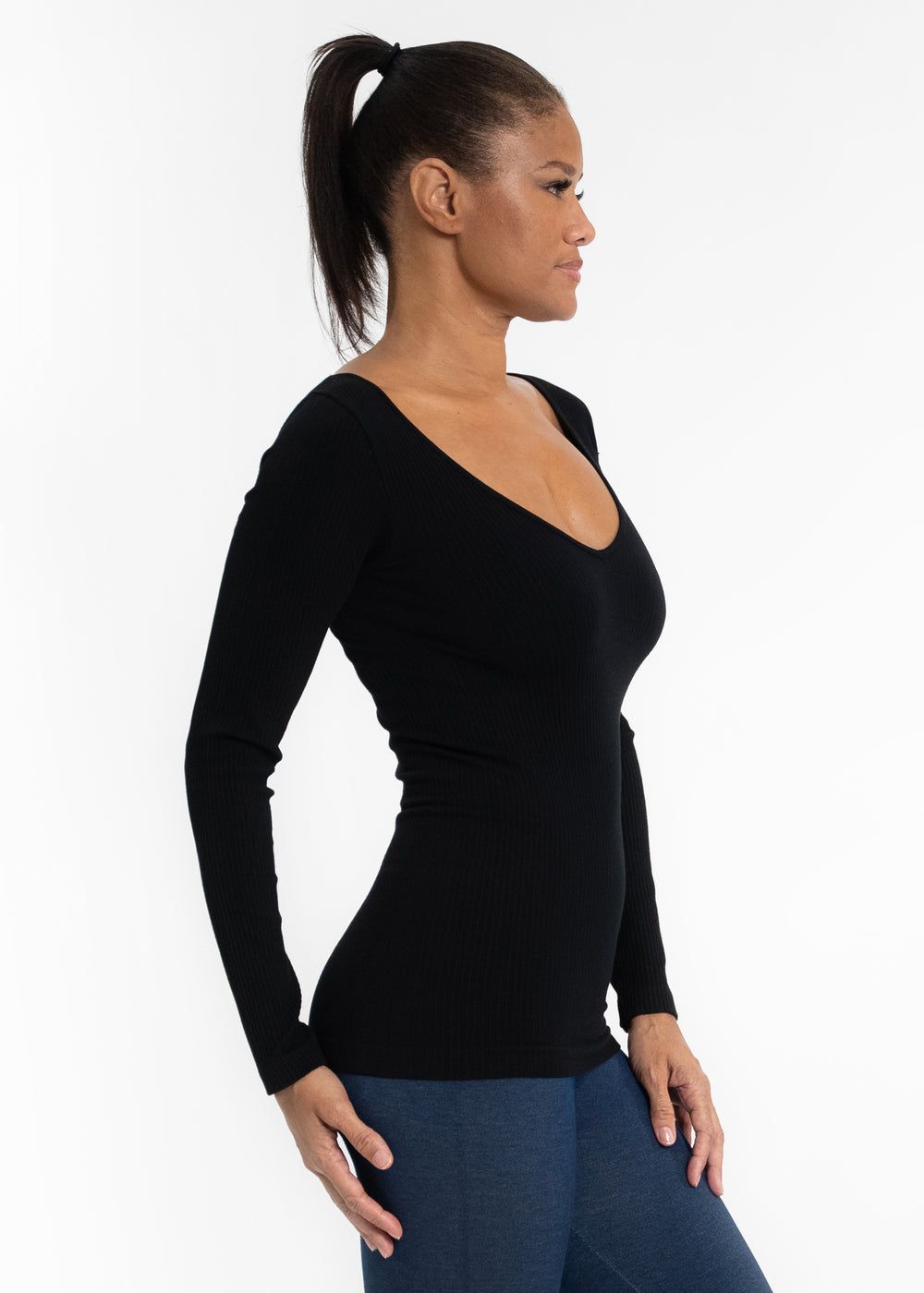 Ribbed V-Neck Long Sleeve Top, Color: Black
