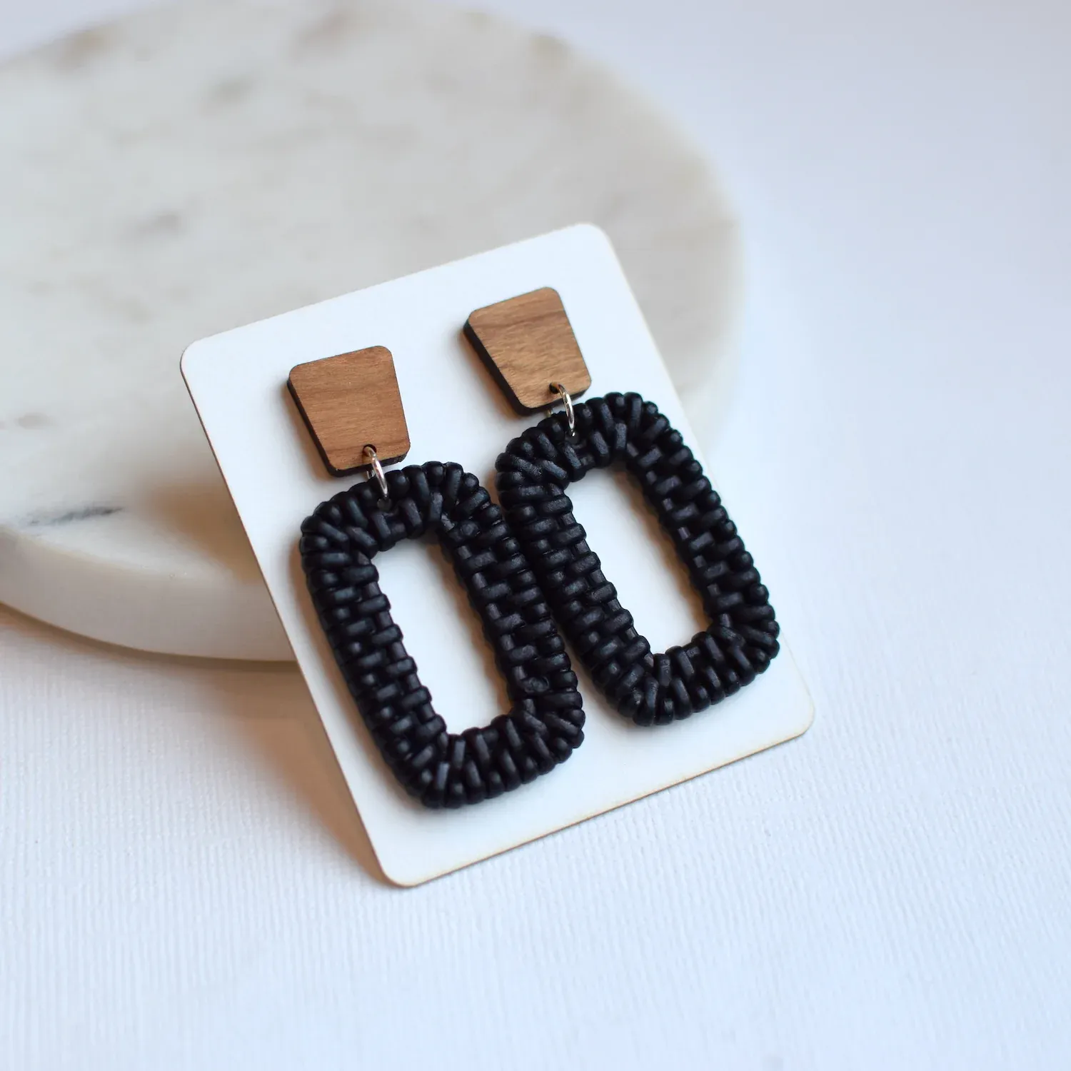 Black Basketweave Wood Acrylic Dangle Stud