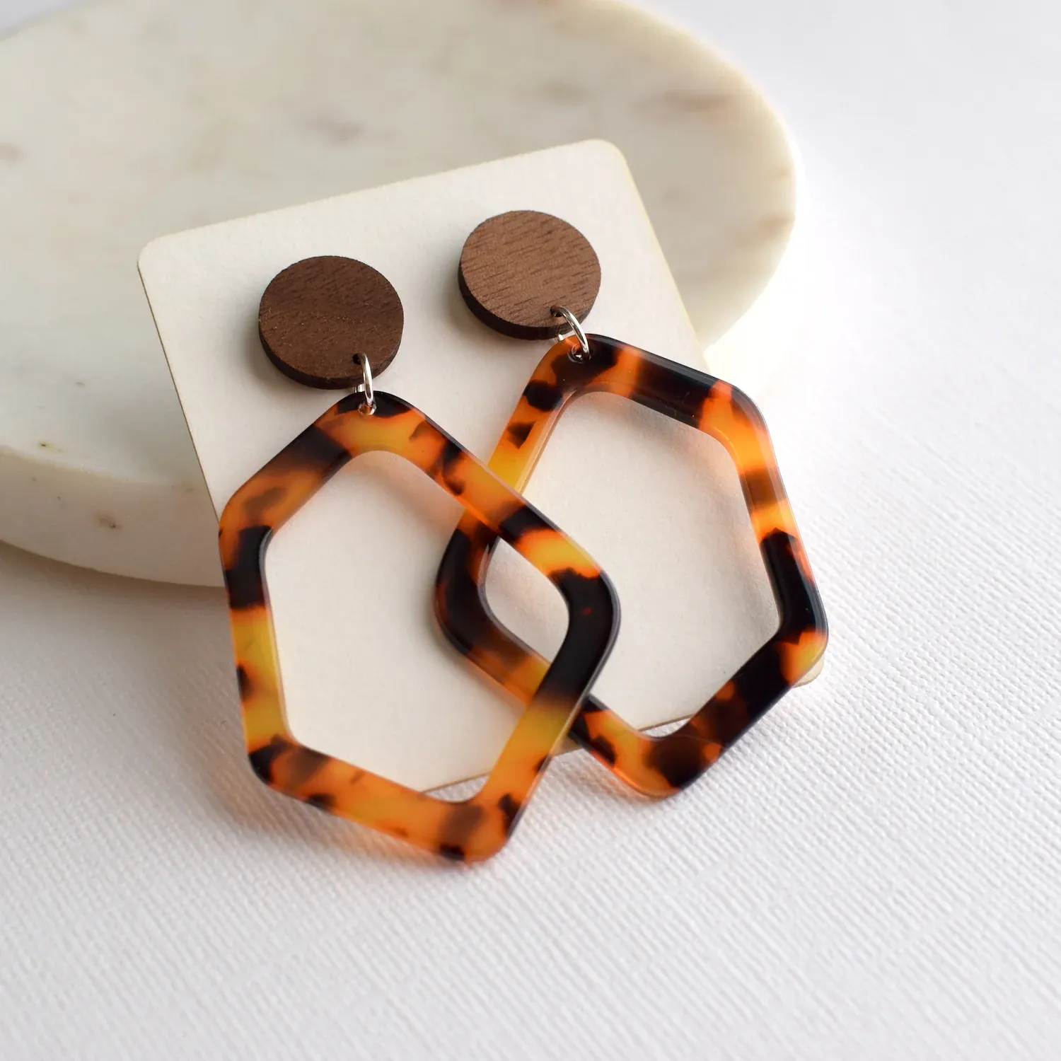 Tortoise Asymmetrical Wood Acrylic Dangle Stud