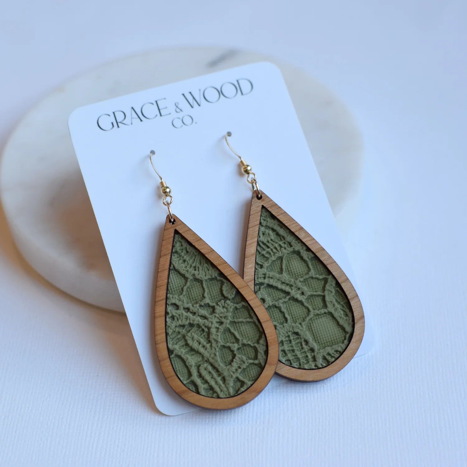 Olive Green Lace Wood + Teardrop