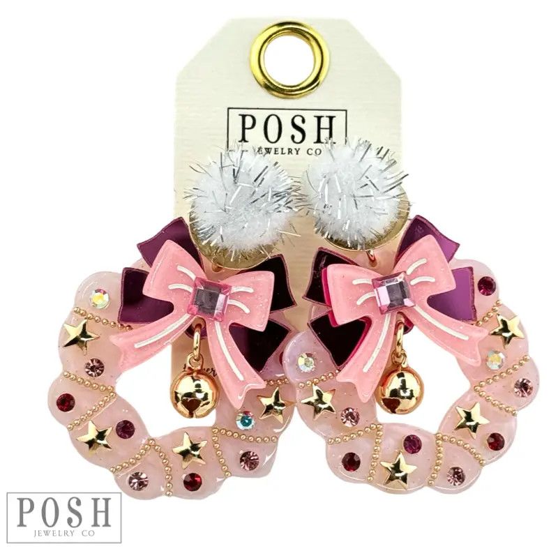Decorated Christmas Wreath Earrings-Pink