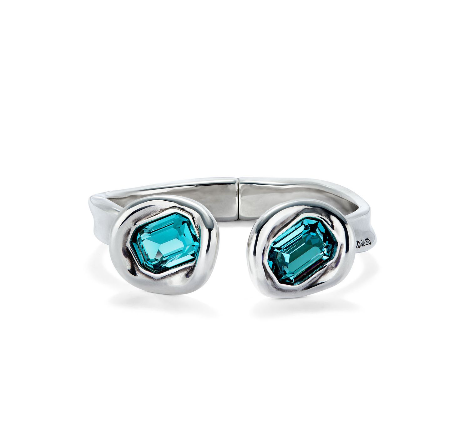 Ser Valiente Rigid Sterling Silver-Plated Bracelet w/Two Teal Crystals-M