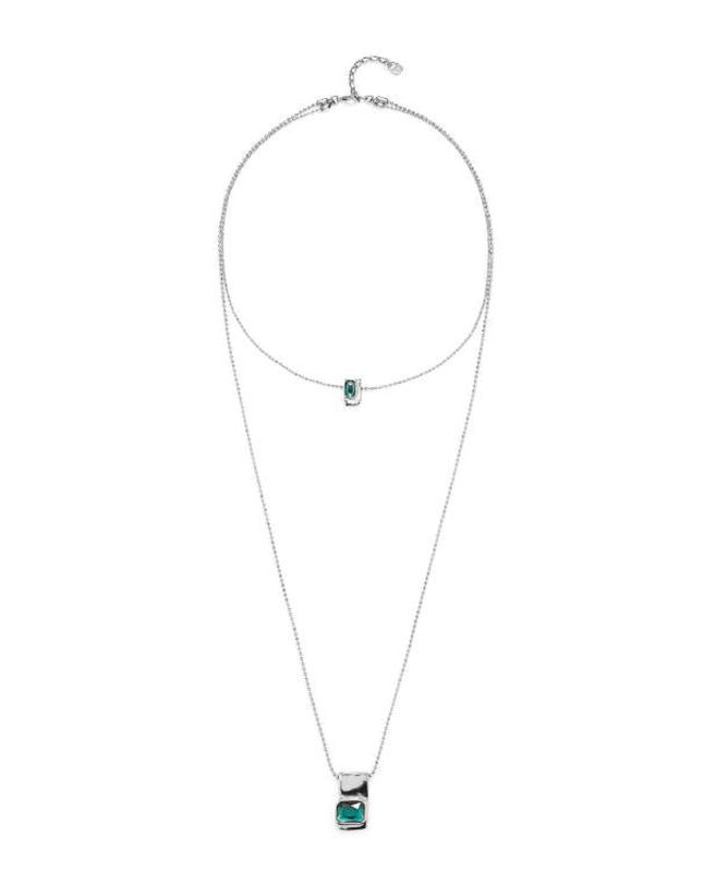 Ser Magnetica Double Layer Silver Necklace w/Green Stones
