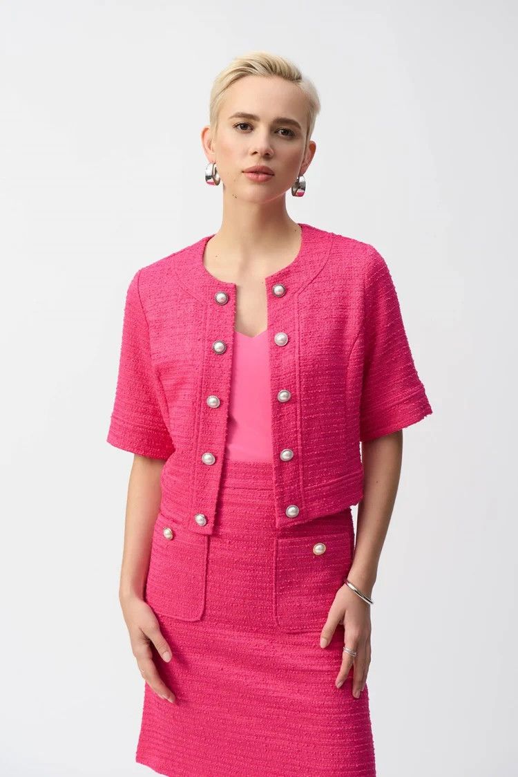 Bouclé Cropped Jacket w/Decorative Buttons