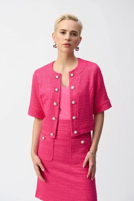 Bouclé Cropped Jacket w/Decorative Buttons