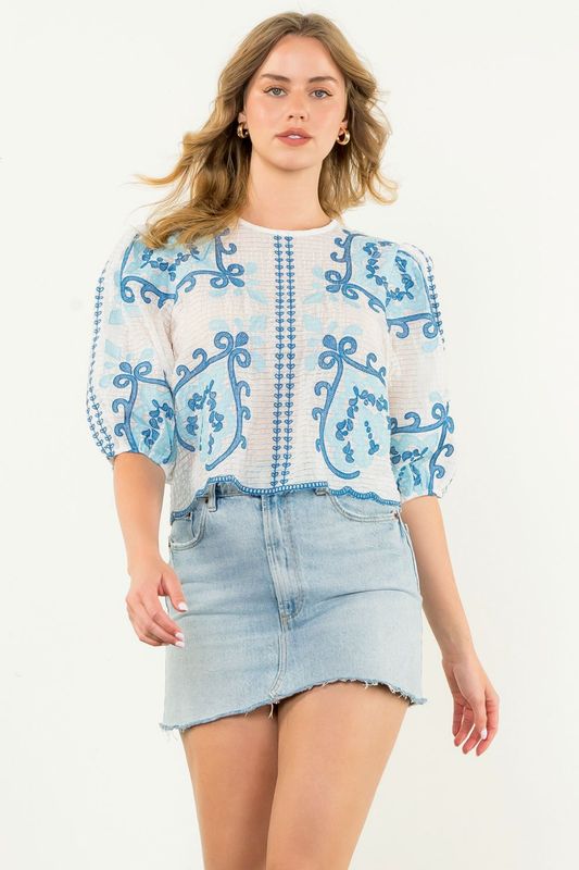 Blue &amp; White Embroidered Top